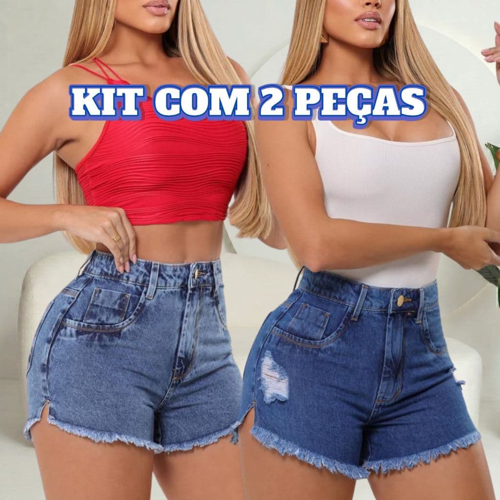 Kit 2 Shorts Jeans Feminino Cintura Alta Modelagem Premium Levanta Bumbum Barra Desfiada Sem Elástano
