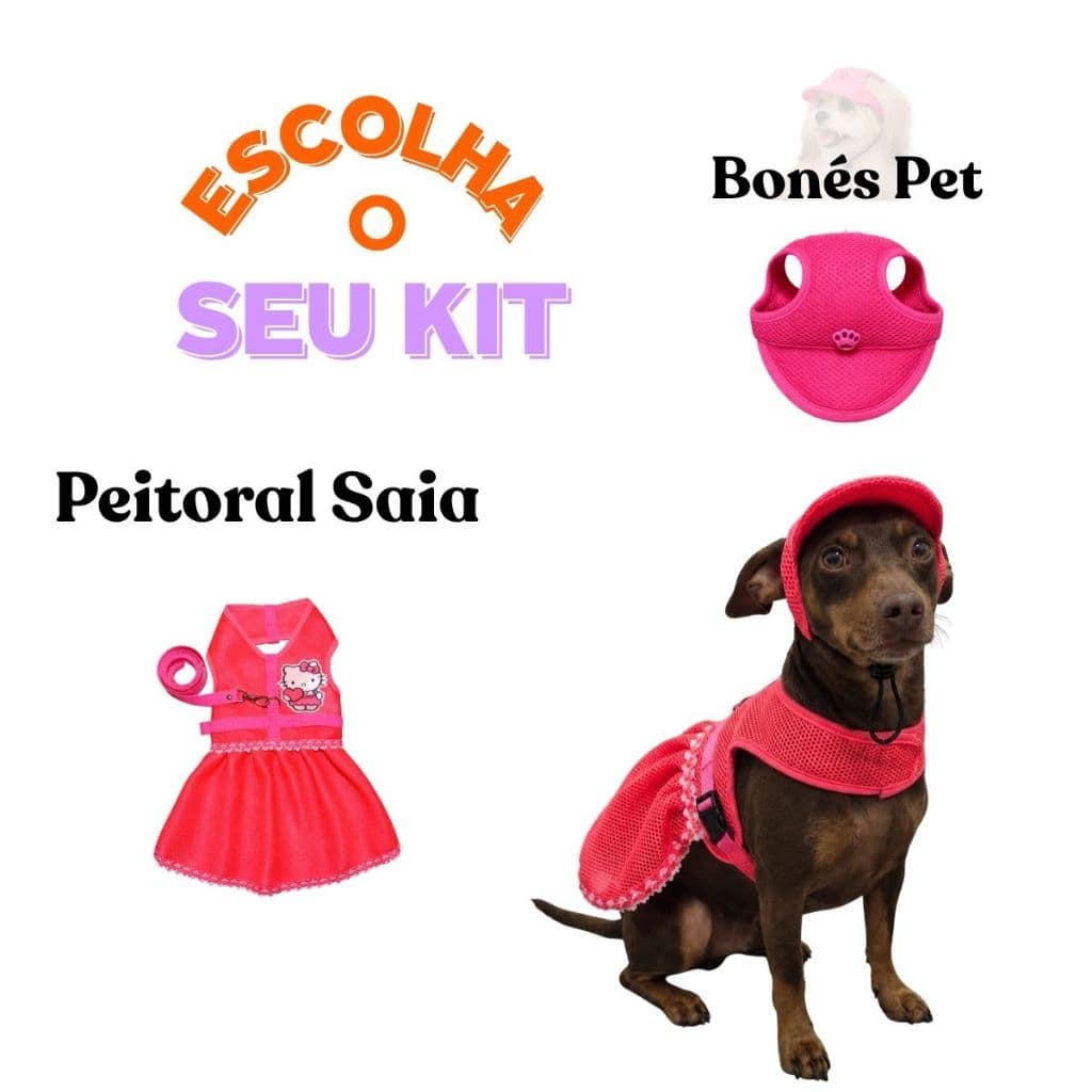 Kit Coleira Peitoral Pet Estilo Vestido e bonézinho com Guia de 1 metro