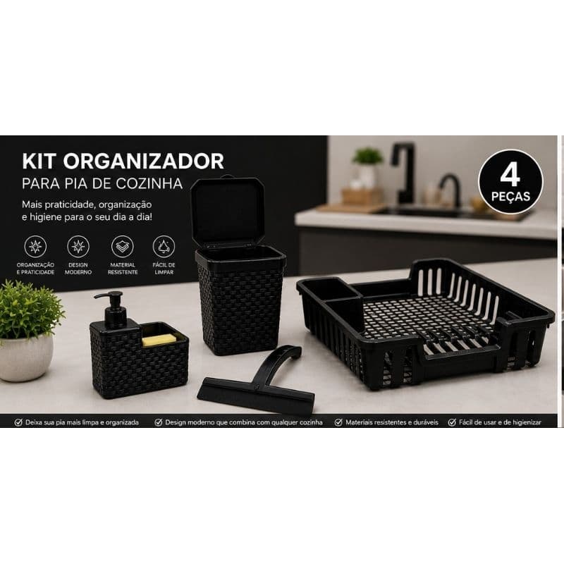 Kit Pia cozinha preto 4 Peças Escorredor, Lixeira 5L, Dispenser 2 em 1 e Rodo de pia