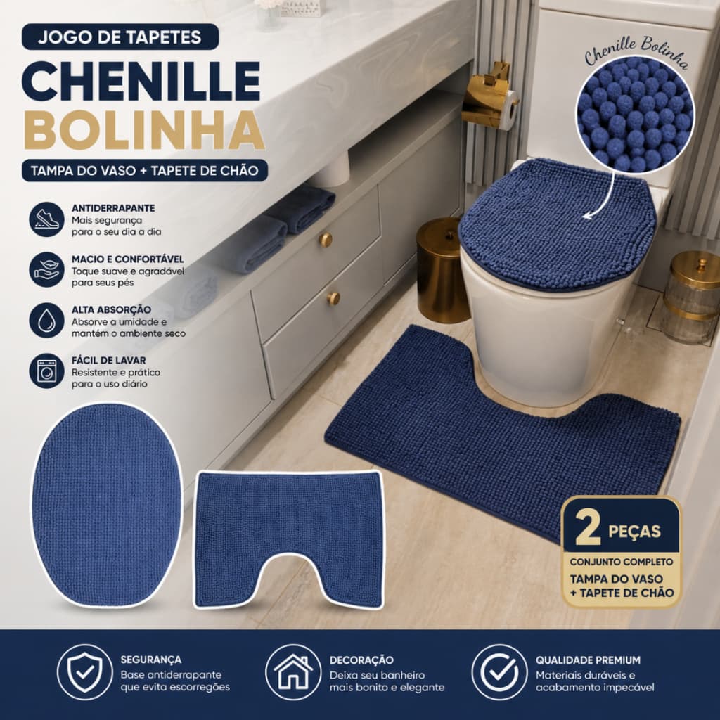 Jogo Tapete Banheiro 2 pc Chão + Tampa de Vaso Antiderrapante Chenille  Bolinha Macarrazininho