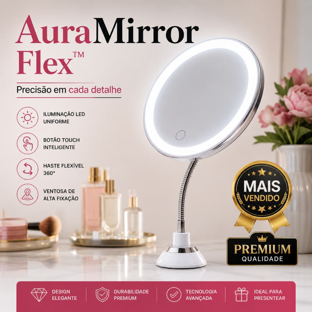 Espelho Maquiagem LED com Haste Flexível AuraMirror Flex™ Luz Touch Ventosa Profissional