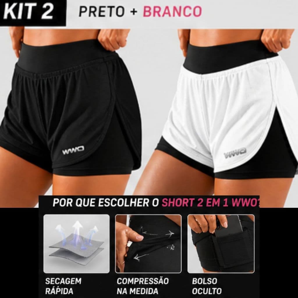 KIT 2 SHORT FEMININO 2 EM 1 DRY FIT ACADEMIA ESPORTE  CORRIDA C/ BOLSO OCULTO