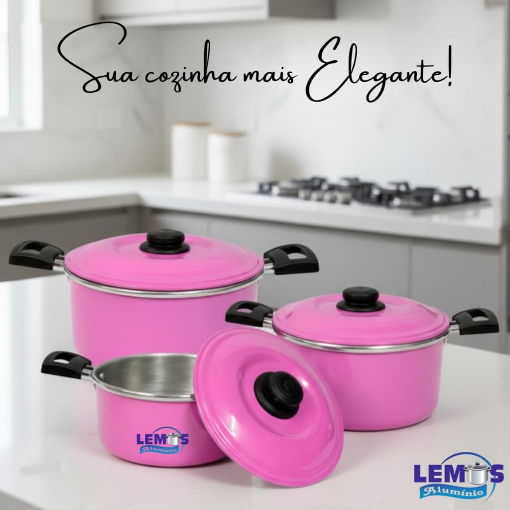 Jogo Kit De Panela Caçarola Rosa Com Tampa 3 Peças N16 18 20 Material 100% Em Aluminio
