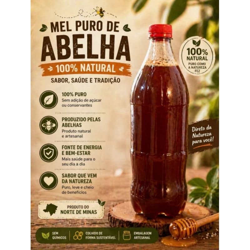 Mel de Abelha Puro Natural do Norte de Minas Gerais 2 Litros