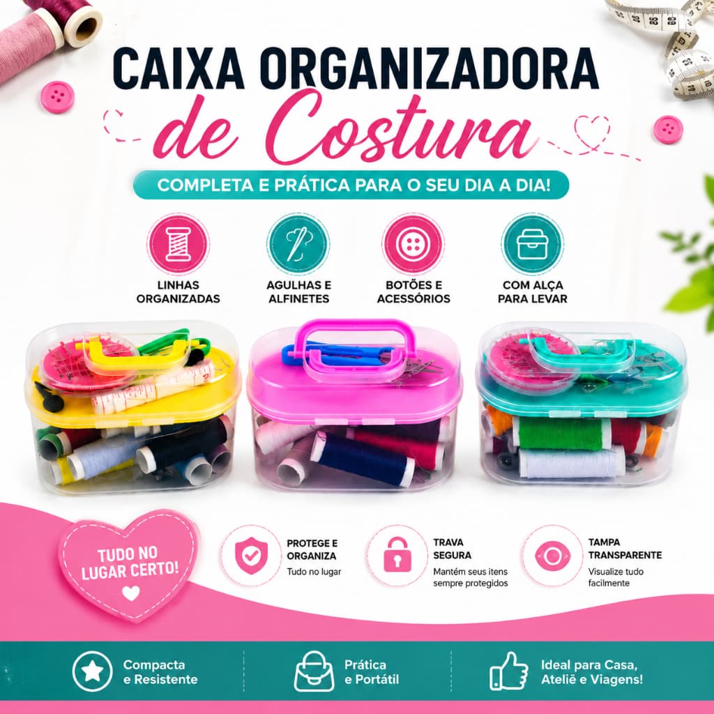 Caixa Organizadora de Costura com Alça Porta Linhas Agulhas e Acessórios