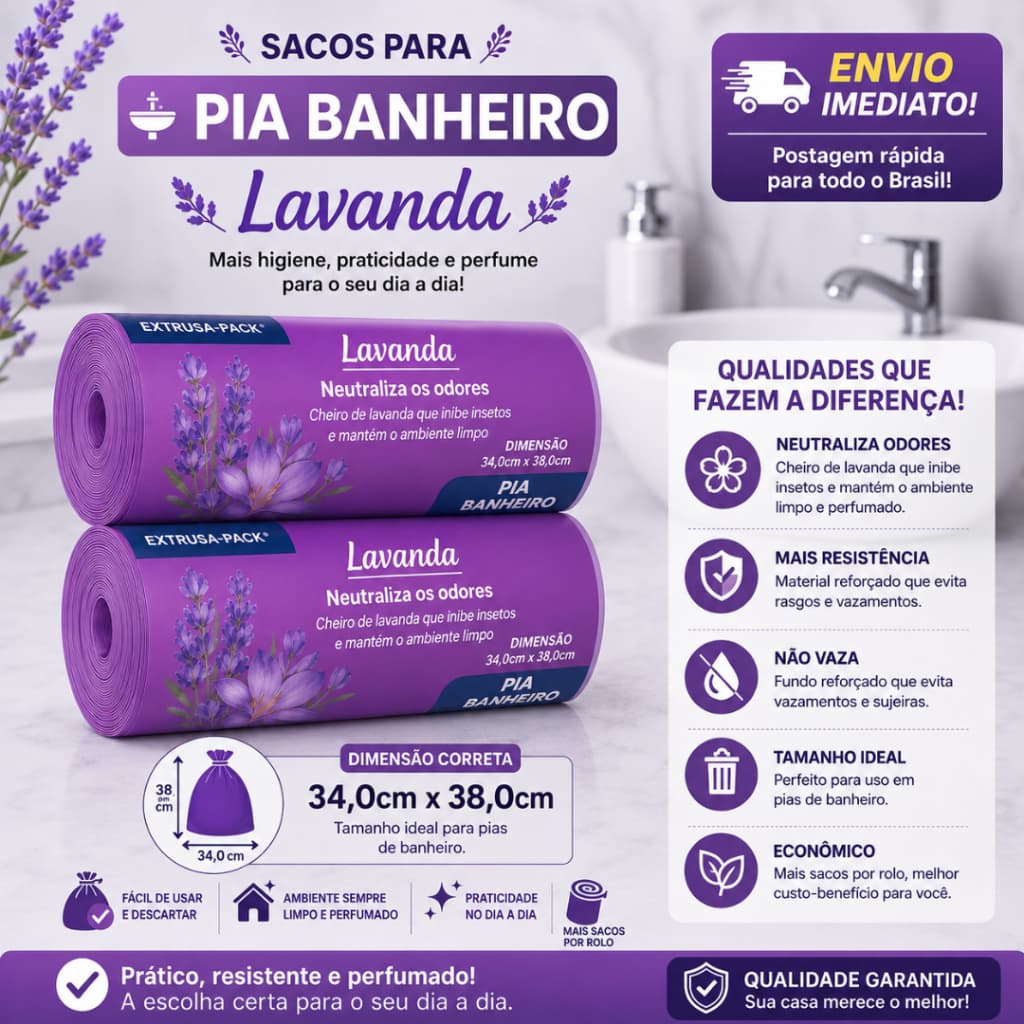 Kit 2 Saco de Lixo Cheiroso Pia Banheiro 80 Sacos Perfumado Neutraliza Odores de Lixeira Lavanda 10L