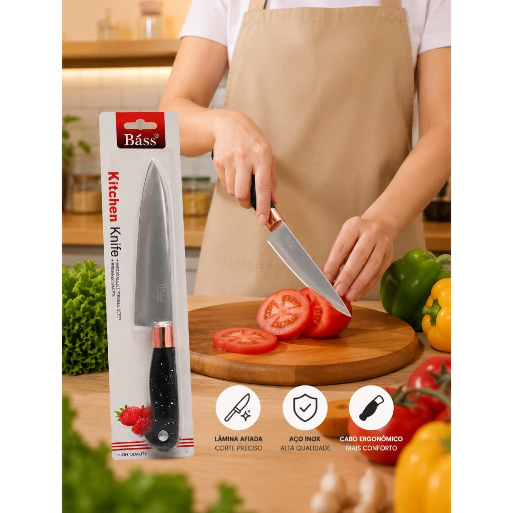 Faca de Cozinha Bass Kitchen Knife Aço Inox Cabo Marmorizado Premium 1 Unidade