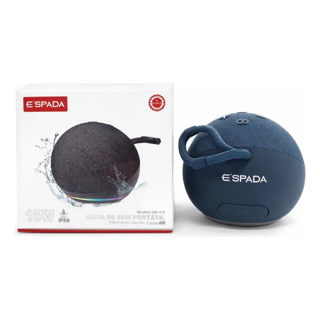 Caixa de Som Bluetooth Espada SM-41E 15W com LED RGB, FM e IPX6 à Prova d’Água