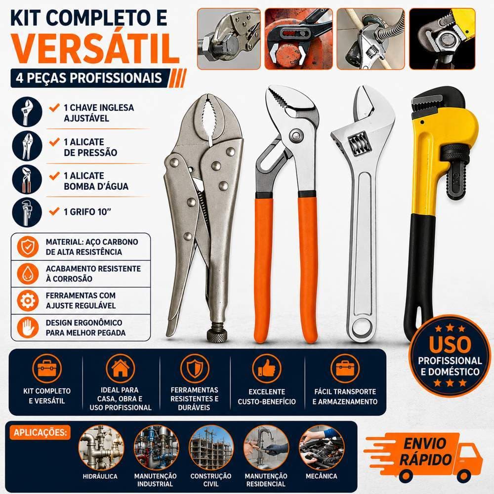 Kit Ferramentas Chave Inglesa Alicate Pressão Grifo Bomba Dágua Profissional Encanador Manutenção Hidráulica