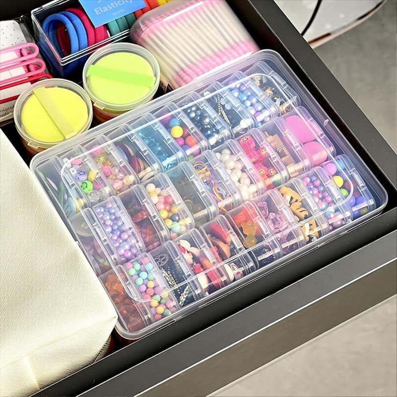 Caixa Organizadora com 30 Mini Caixas Transparentes para Joias e Artesanato Plástico Resistente e Portátil 16.5x22.5x5.6