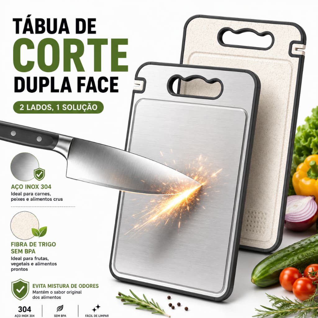 Tábua de Corte Cortar Carne Placa Dupla Face Higiênica em Aço Inox e PP com Afiador e Alça