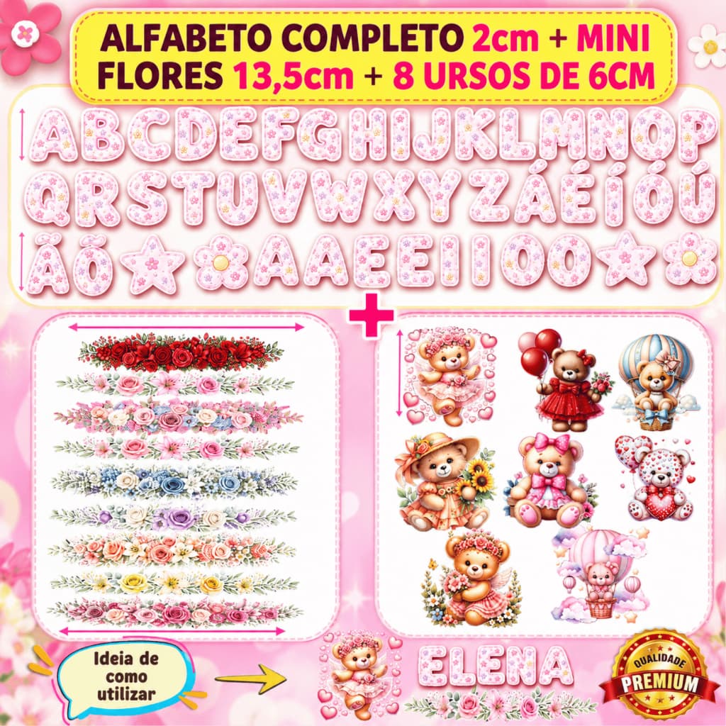 Adesivo Aplique Termocolante Alfabeto Monograma Decalque Floral Mini Personagens Para Personalizar Fraldas, Toalhas Pano