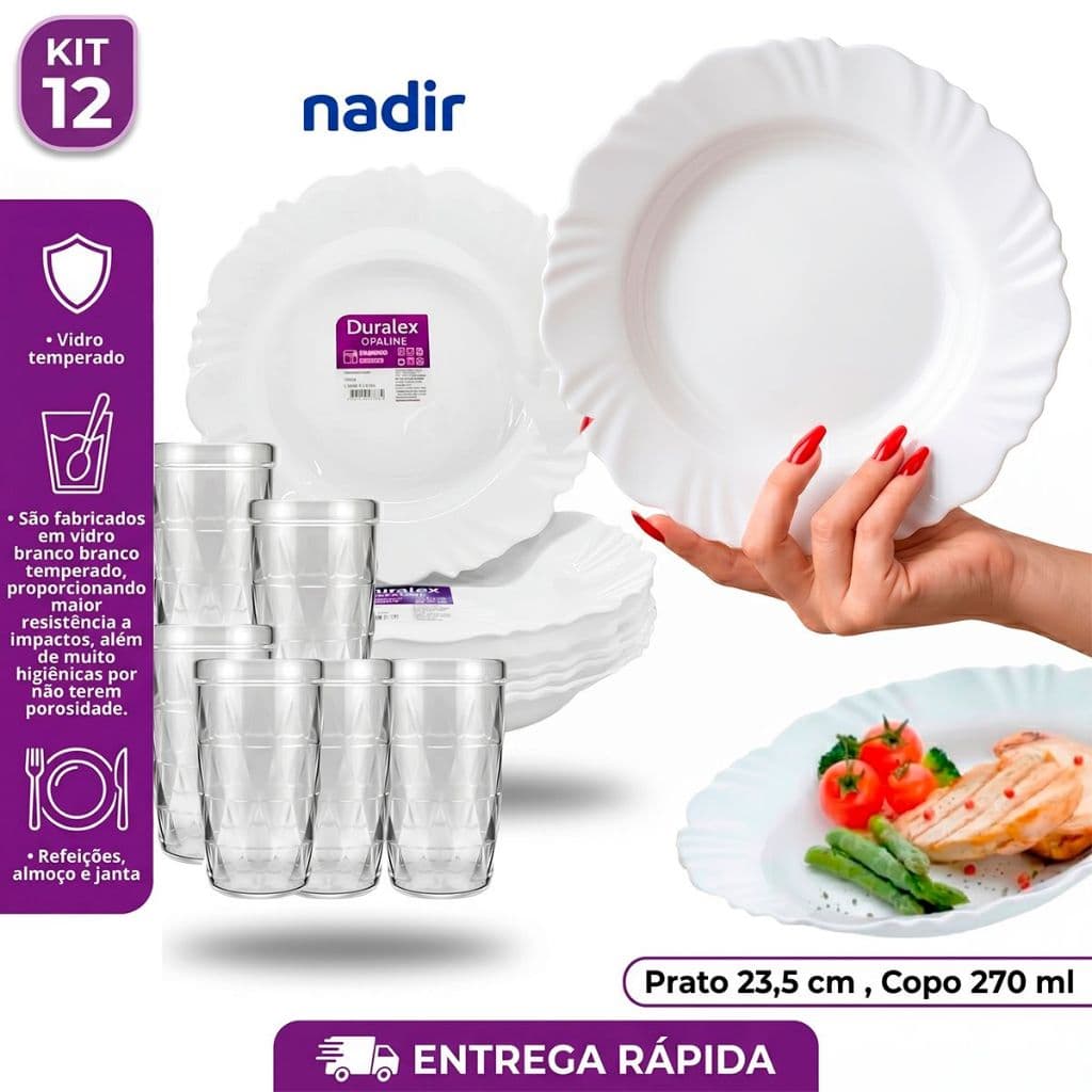 Kit Jogo 12 Peças de Vidro 6 Pratos Petala Fundo Opaline Duralex e 6 Copos Zumba 270ml Conjunto