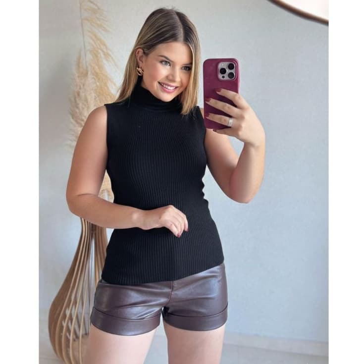 Blusa Garrafinha Tricot Gola alta Feminina Moda Regata Canelada Confortável Básica Sem Manga