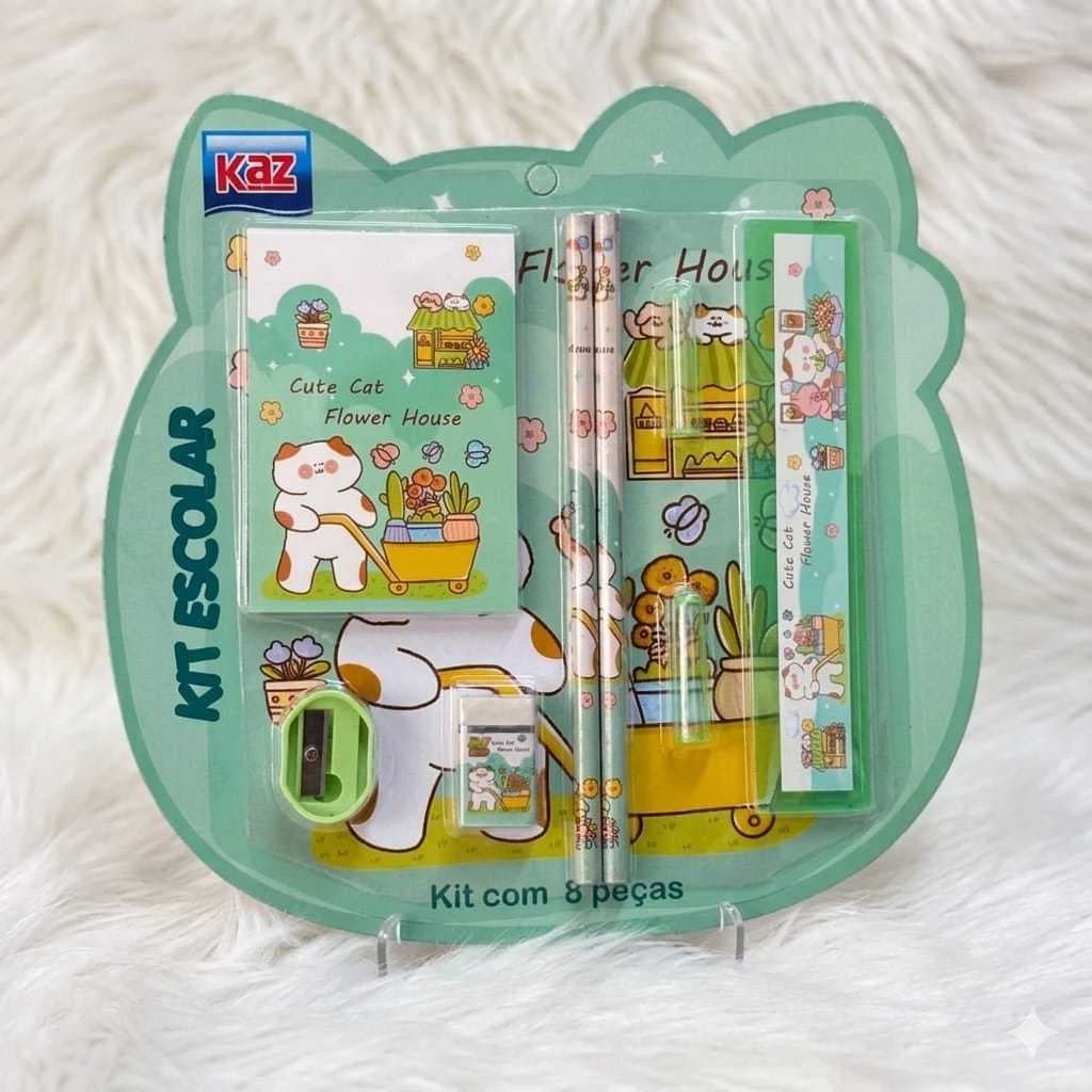 Kit Escolar Fofo Menina Kawaii 5 Itens Lápis Régua Apontador Borracha Barato