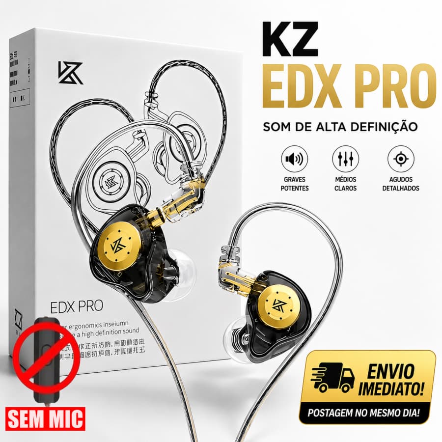 Fone de Ouvido KZ EDX Pro Original, Intra-Auricular c/ Driver 10mm e Cabo Substituível–Profissional