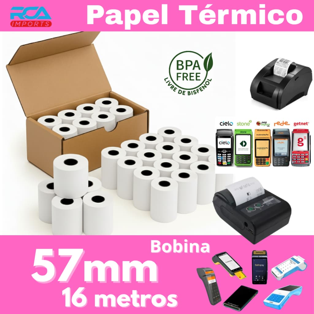 Papel para maquina de cartao e mini impressora termica 57mm cor Branca