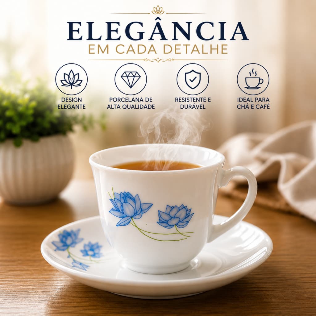 Conjunto Xícara Chá Porcelana Premium Neel Kamal Branco Floral Com Pires 12 Peças Luxo