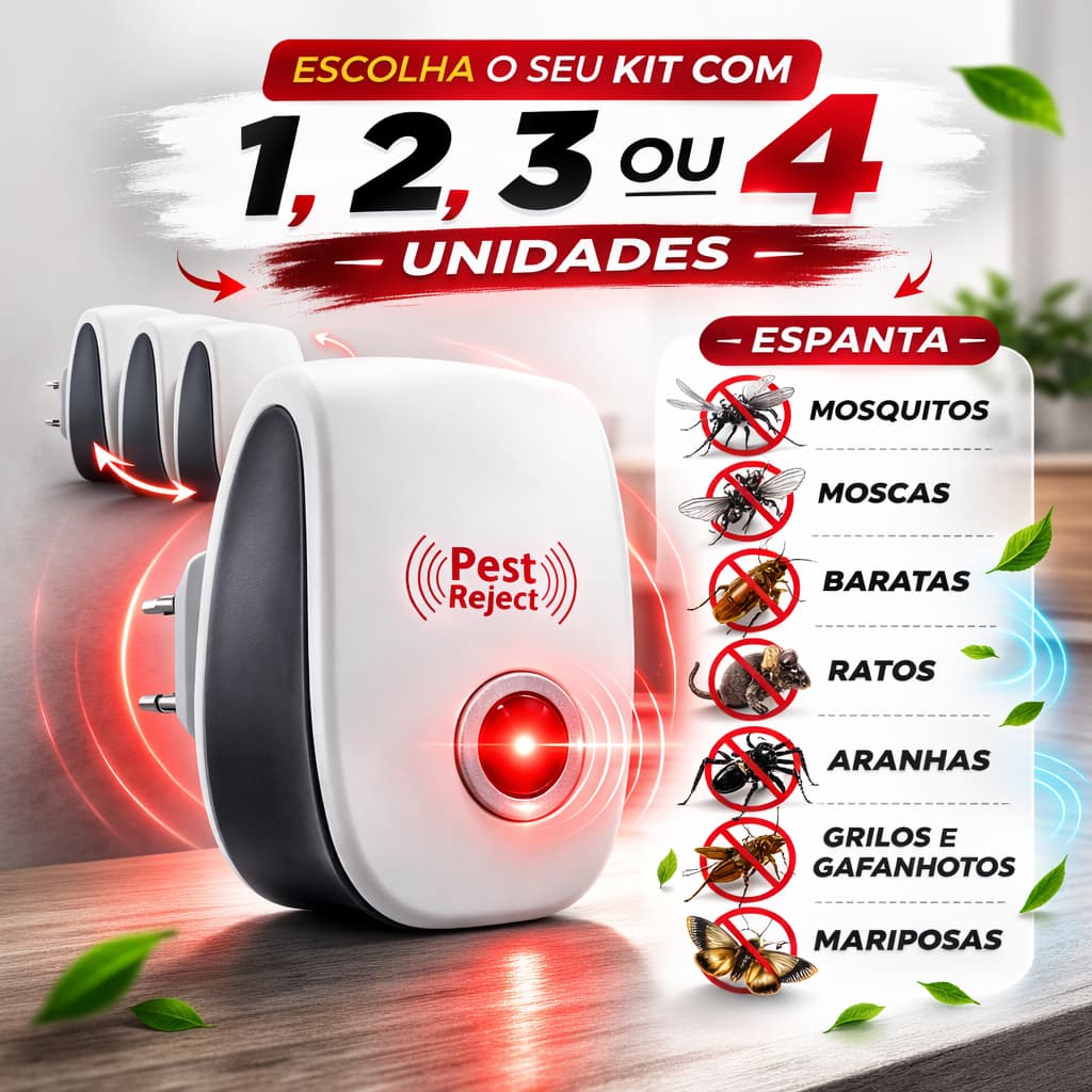 Escolha a Quantidade 1, 2, 3 ou 4 Repelente Eletrônico Ultrassônico Bivolt Proteção Doméstica