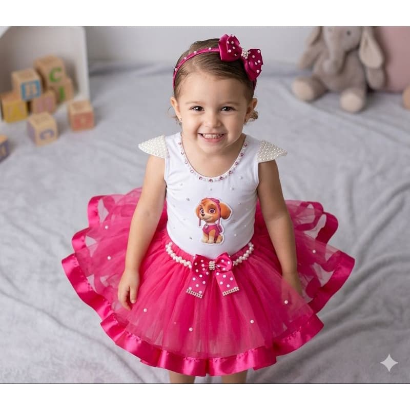 Conjunto fantasia Sky Patrulha Canina Menina - Body Pérolas + Saia Tutu + Laço