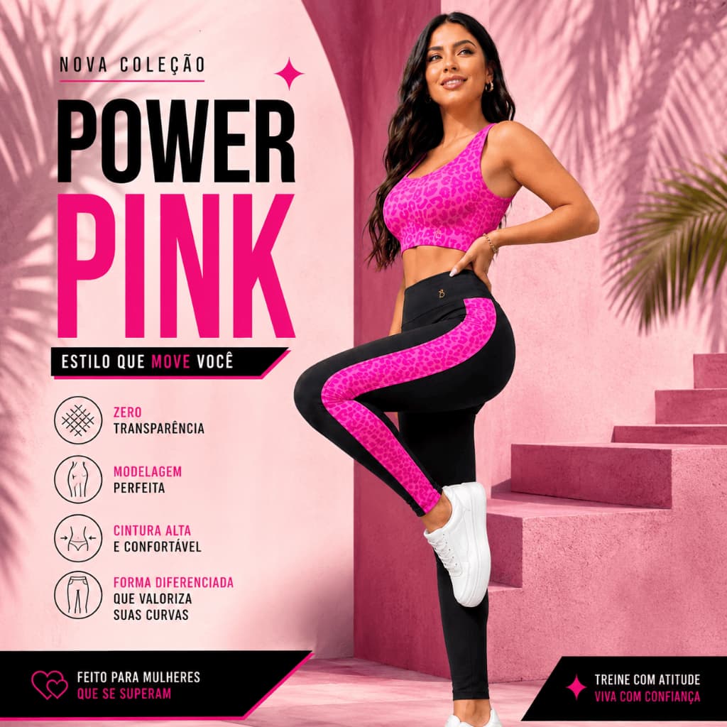 Conjunto Oncinha Pink Academia Top com Bojo Removível e Legging Cintura Alta Modelagem Perfeita