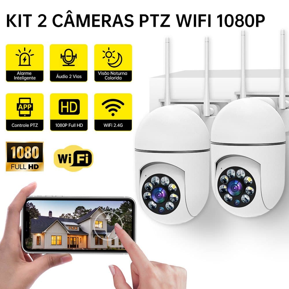 Câmeras Segurança Wi-Fi 1080P Visão Noturna Infravermelho Rastreamento App