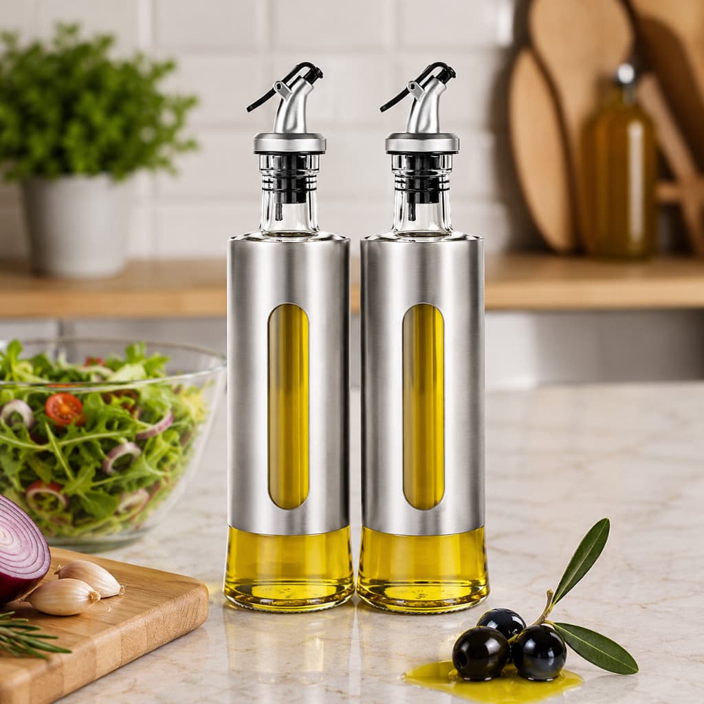 Kit 2 Porta Azeite Galheteiro Com Bico Dosador Vidro Inox 500ml