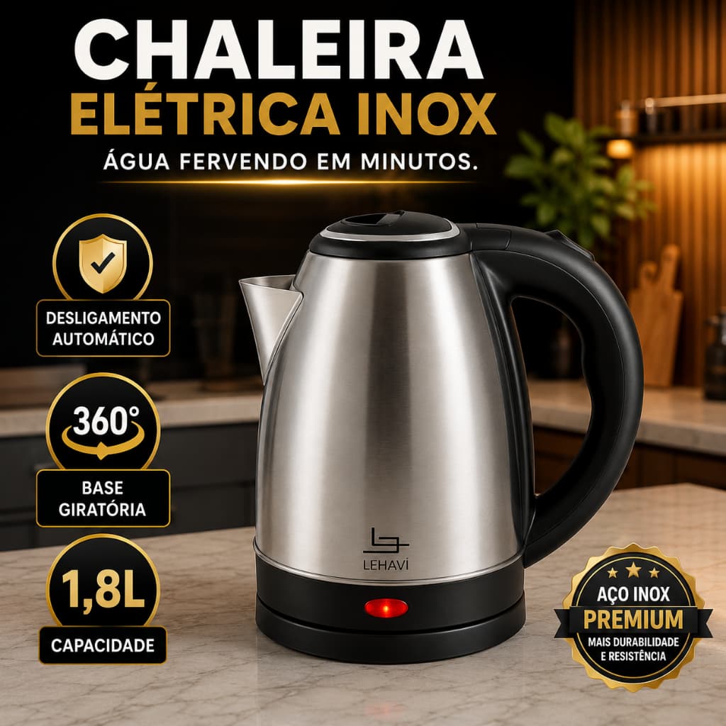 Chaleira Elétrica Inox 1,8 Litros 220V 1500W Base 360° Desliga Sozinha Aquece Rápido