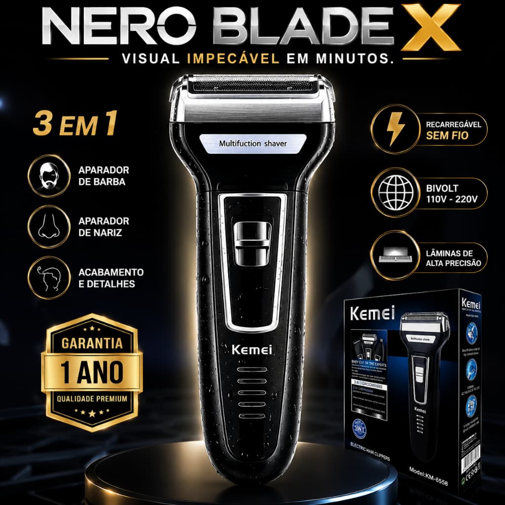 Aparador de Barba Masculino NeroBlade X 3 em 1 Recarregável Bivolt Máquina de Cortar Barba Nariz e