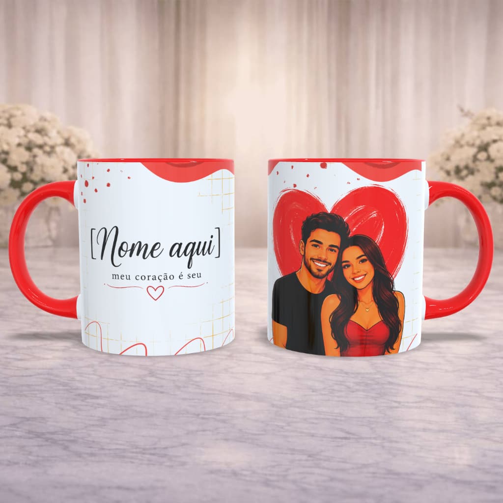 Caneca Personalizada Namorados com Foto em Cartoon Caricatura Nome e Frase Presente Romântico Casa