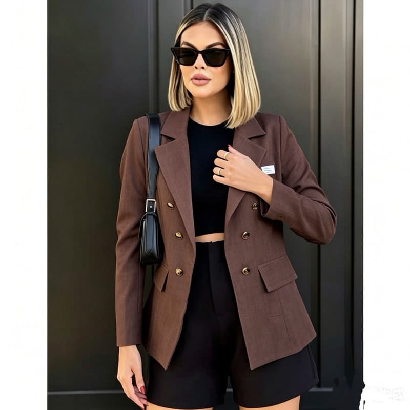 Feminino blusa blazer tecido alfaiataria Acinturado Botões Social -004
