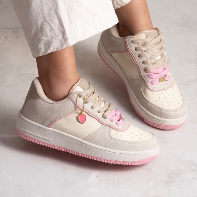 Tênis Feminino Casual Bege Claro Rosa Modinha Blogueira