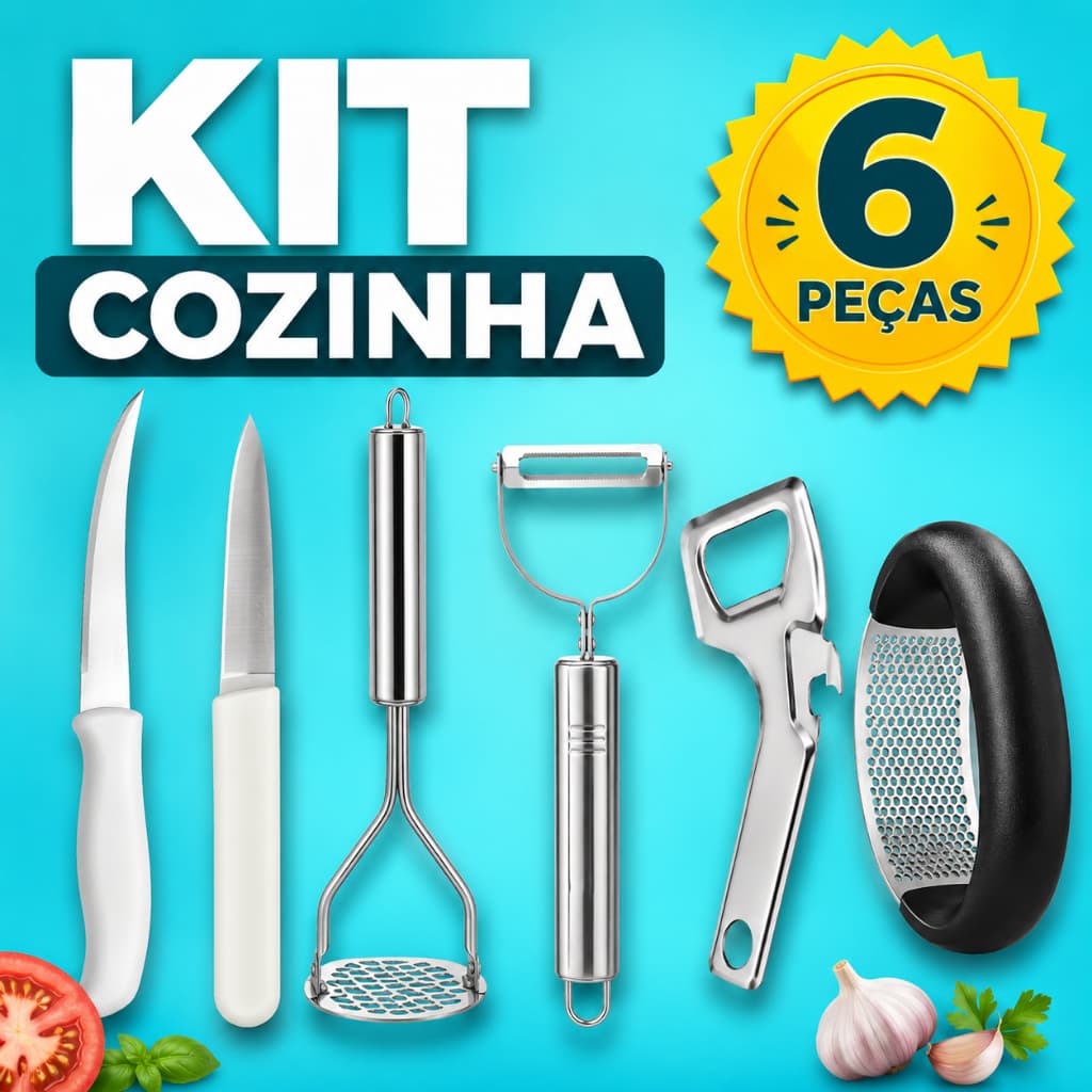 Kit Cozinha 6 Peças Facas Filetar Descascador Abridor Amassador Batata Alho