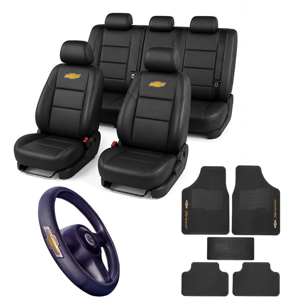 Kit Capa Banco 100% Couro Tapete Capa Volante Para Chevrolet