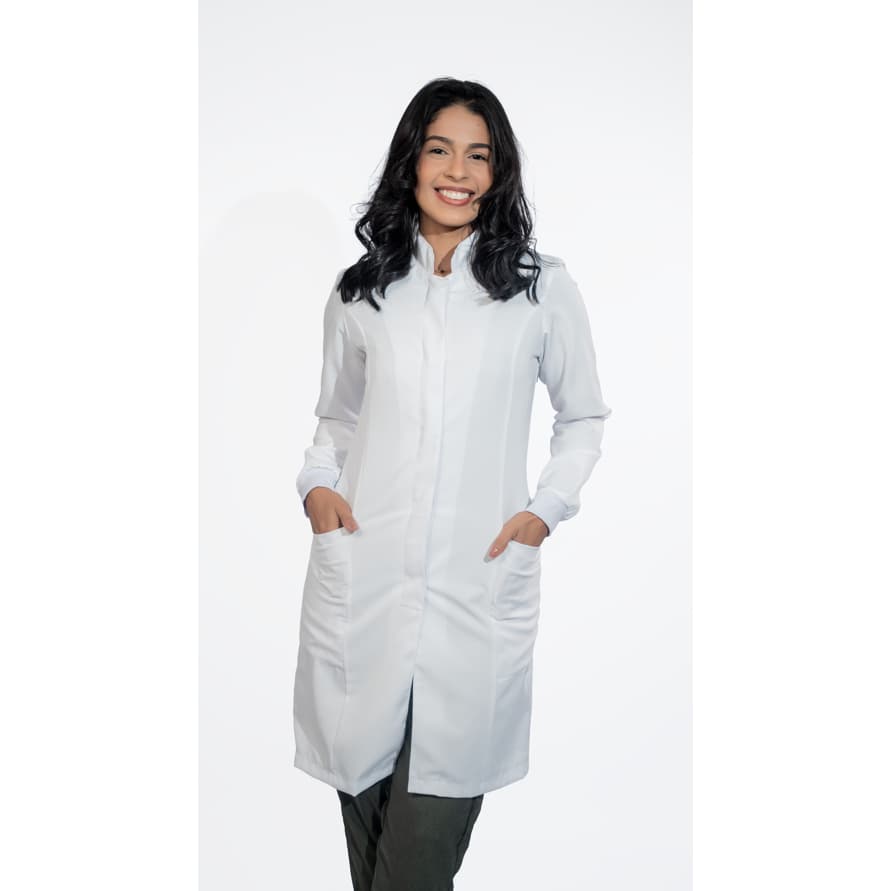 Jaleco Feminino gola padre, Oxford, botão embutido, com punho, estudante dentista