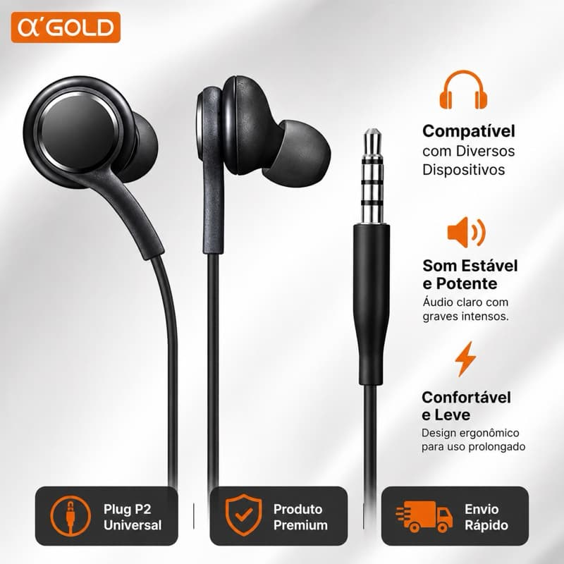 Fone de Ouvido com Fio α'GOLD PLUS FN-S8A P2 3.5mm Super Bass Potente + Microfone para Chamadas, Música e Vídeos