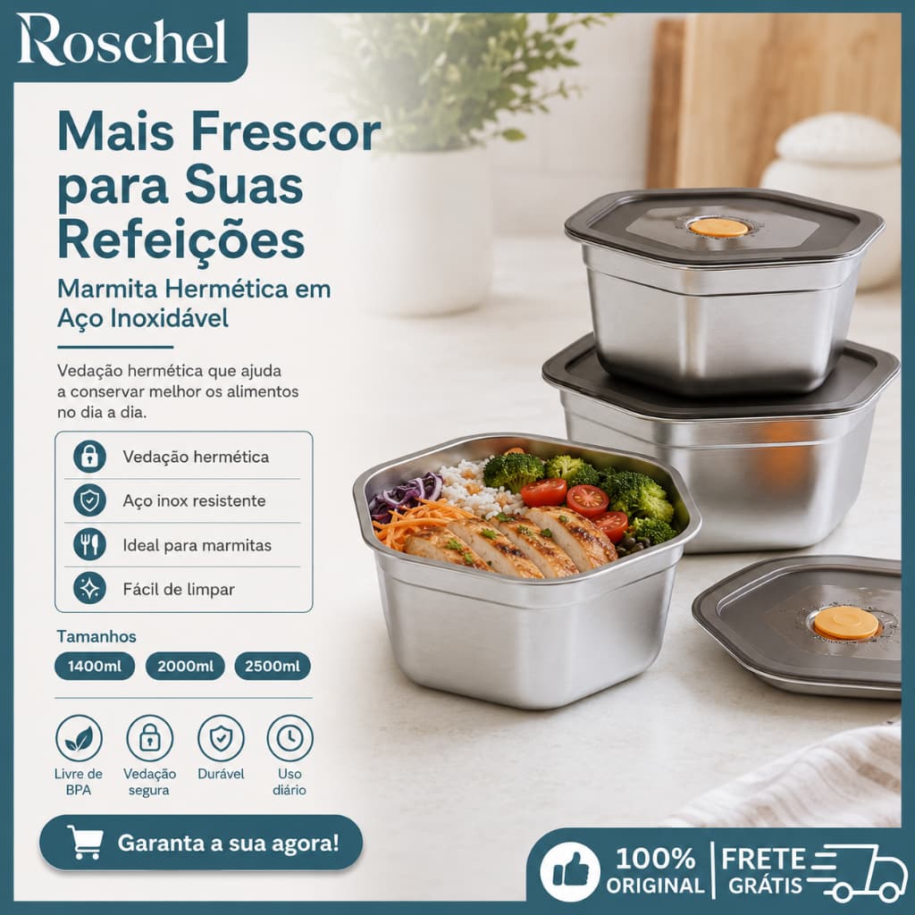 Jogo de Potes Inox SUS304 Empilháveis com Tampa Hermética BPA Free Food Grade Armazenar Alimentos