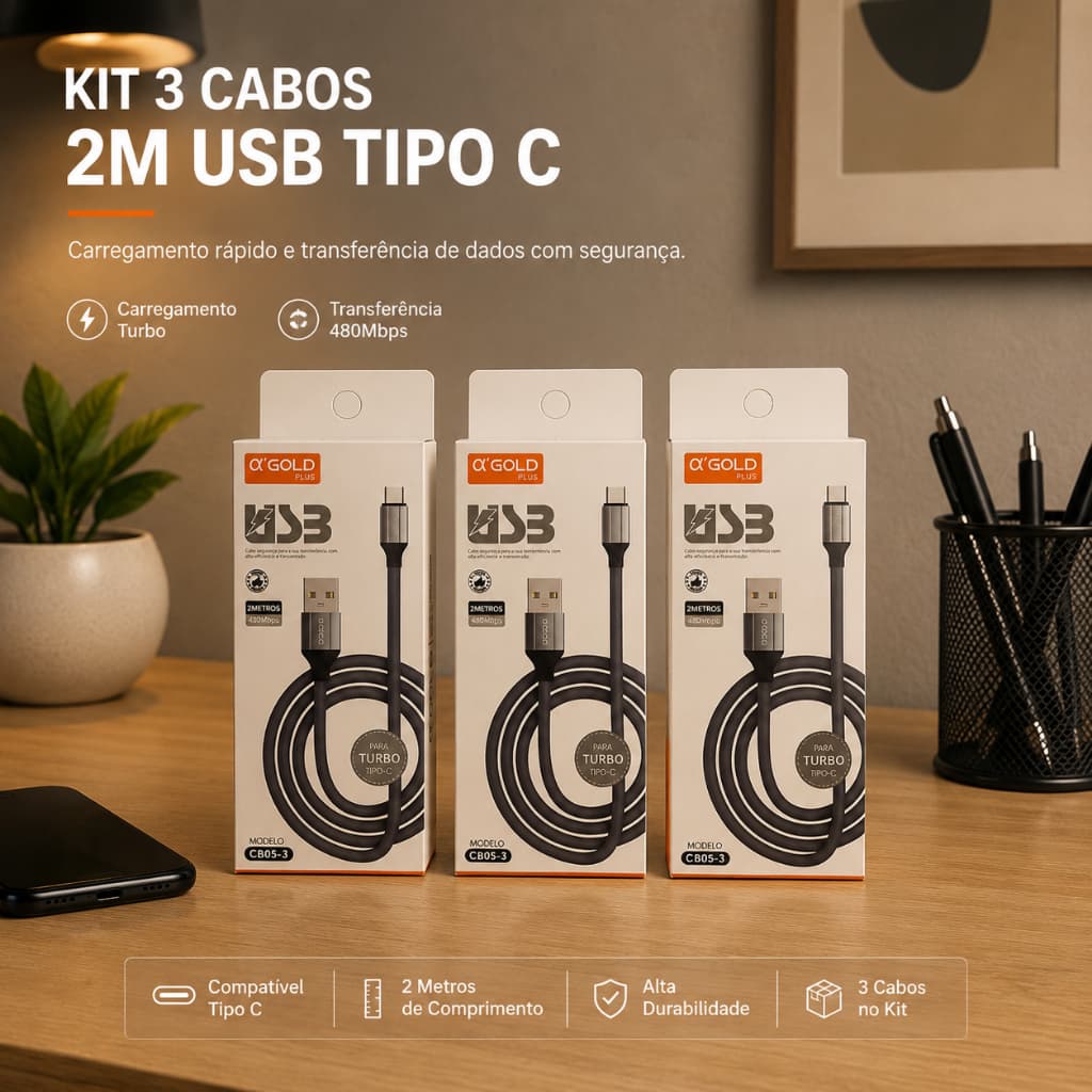 Kit 3 Cabos USB Tipo C 2 Metros Turbo Carregamento Rápido Android Reforçado 480Mbps Original Agold