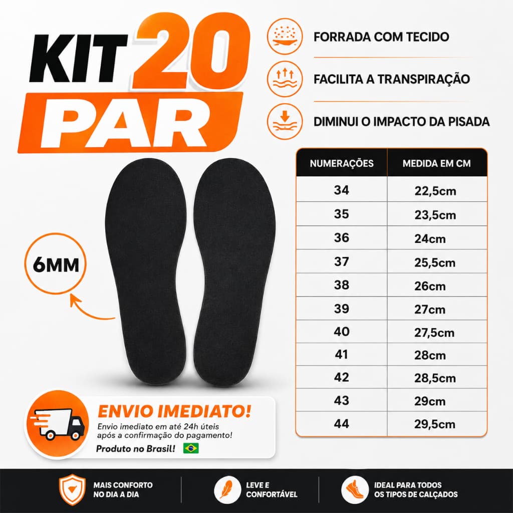 KIT 20 PAR DE PALMILHA EVA 6MM PARA TÊNIS,SAPATO,BOTA,CHUTEIRA,SAPATILHA MACIA,CONFORTAVEL FEMININO E MASCULINO DO 34-44