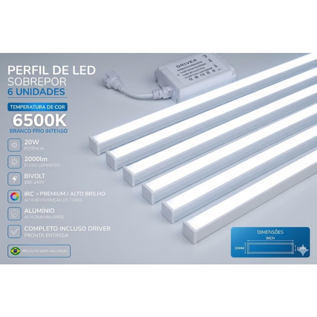 Kit 6 Perfil de LED Completo 90cmx30mm 20W com Driver Incluso Iluminação Moderna Acabamento Premium