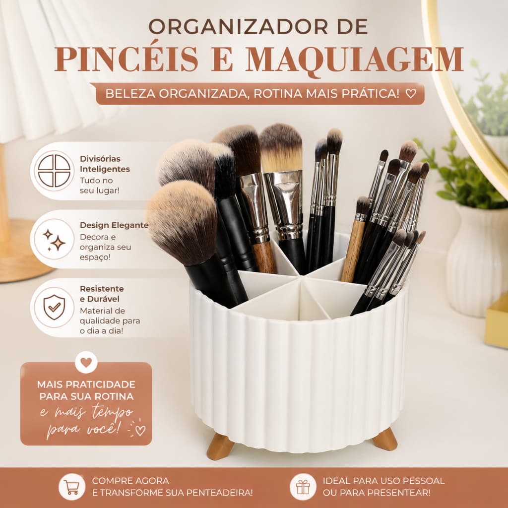 Organizador de Pincéis Maquiagem Porta Cosméticos Bancada Decoração Moderno 6 Divisórias Decorativo Elegante