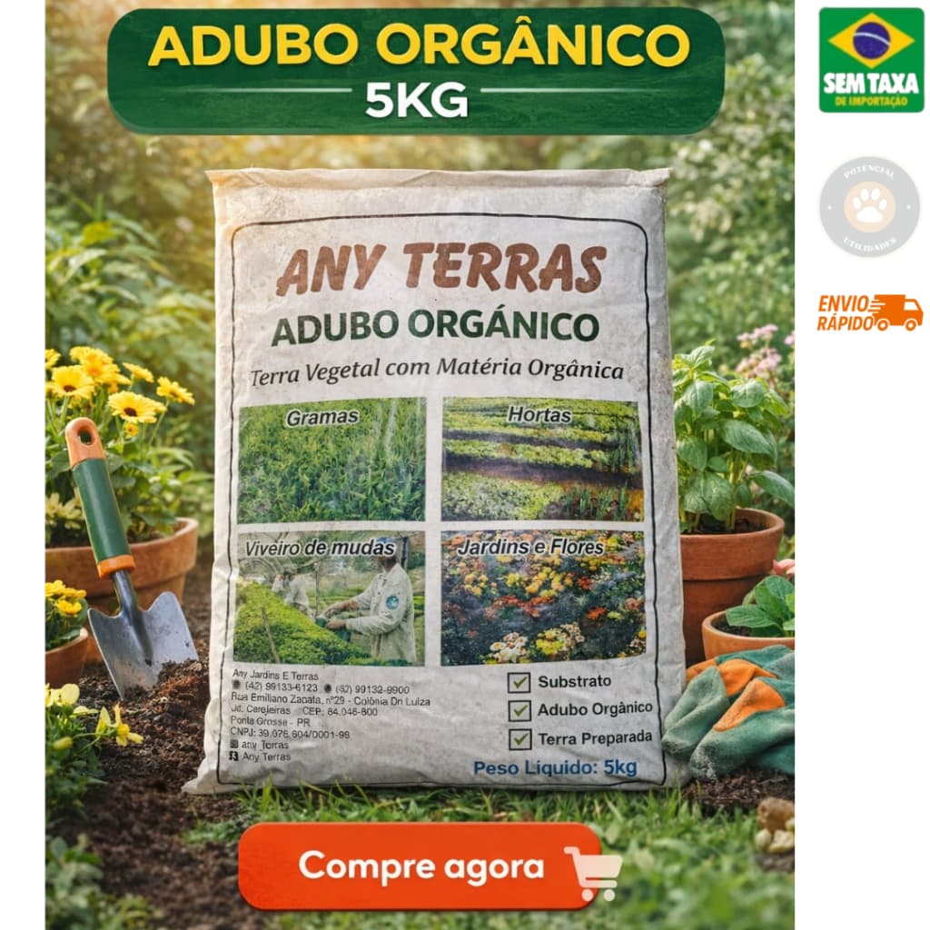Adubo Orgânico Natural 5Kg - Terra Vegetal Rica em Matéria Orgânica para Plantas Hortas e Jardins