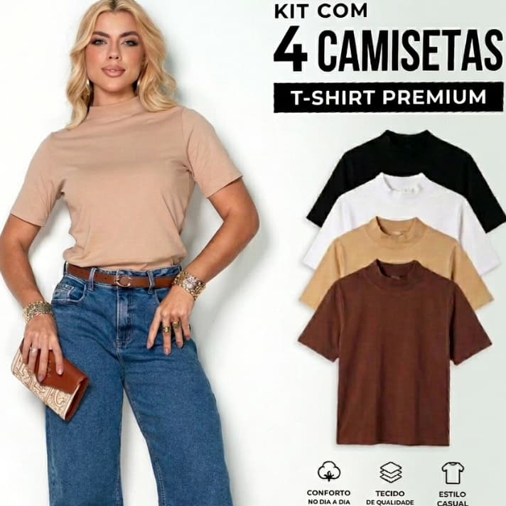 Kit 4 Blusas Feminina Gola Alta 100% Algodão Casual Lisa Elegante