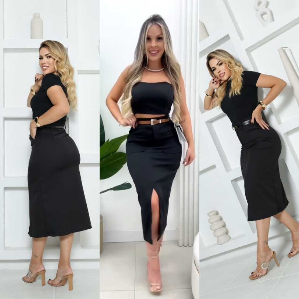 Saia Midi Evangélica Alfaiataria com Bolso Frontal e Zíper Lateral Feminina