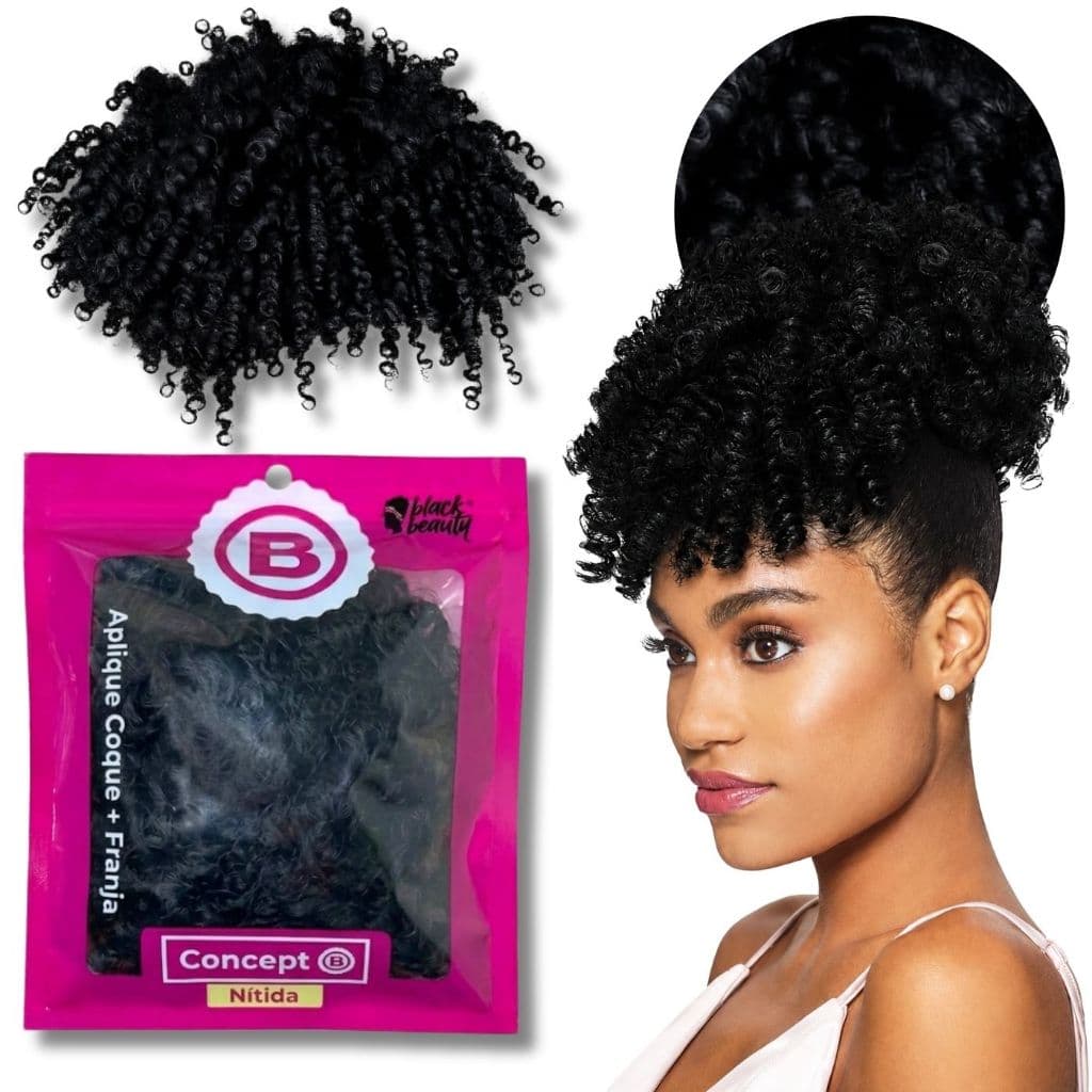 Cabelo Coque com Franja Aplique Cacheado Afro Fibra Orgânica 30cm Cachos Black