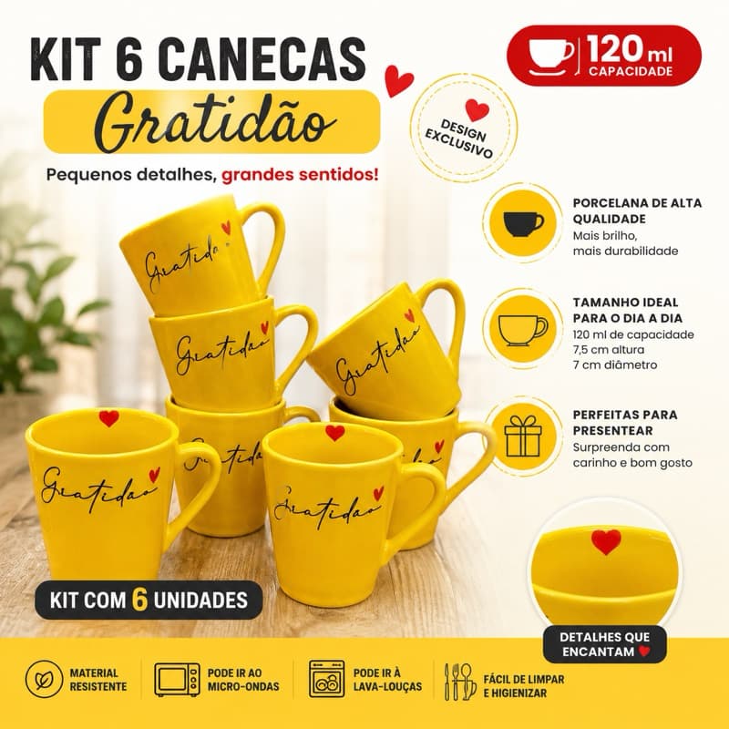 Jogo Kit 6 Caneca Xícara 120 Ml Porcelana Amarela Gratidão Café chá