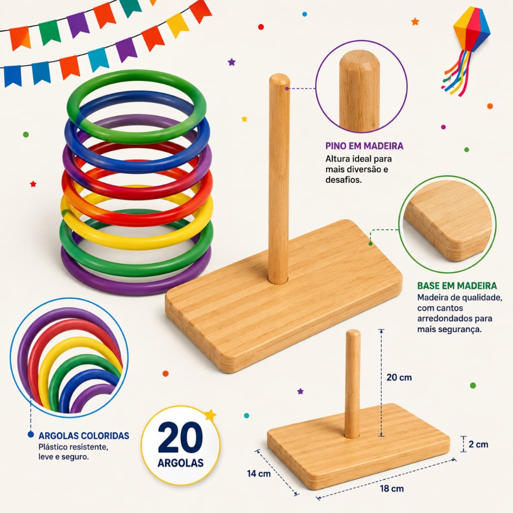 Jogo brincadeira de 20 argolas com base e pino Festa junina Quermesse São João Fogueira caipira