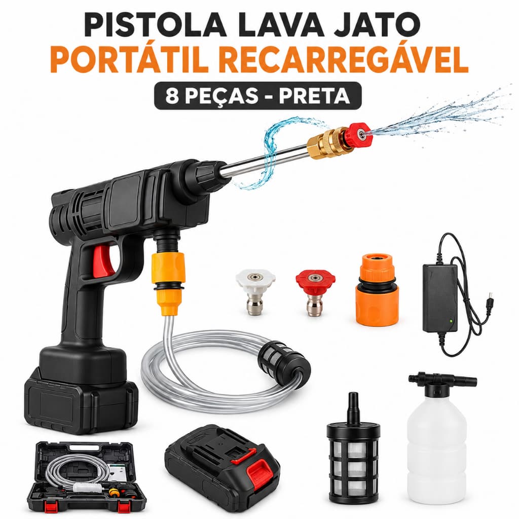 Pistola Lava Jato Portátil Recarregável 8 Peças Preta Lavar Carros Motos Bicicletas Calçadas Janelas