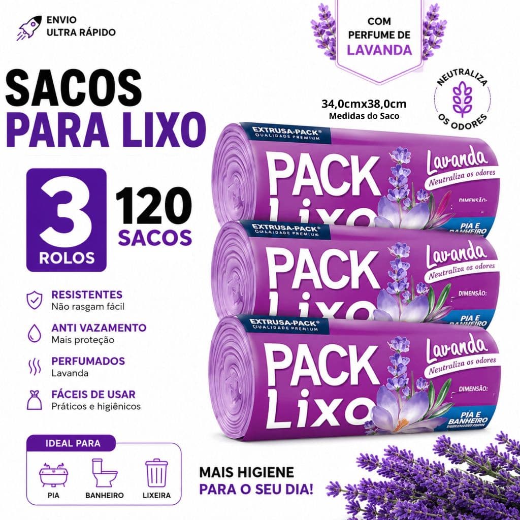 Saco de Lixo Perfumado Antiodor Neutraliza Odores Cheiro de Lavanda Kit com 3 Unidades