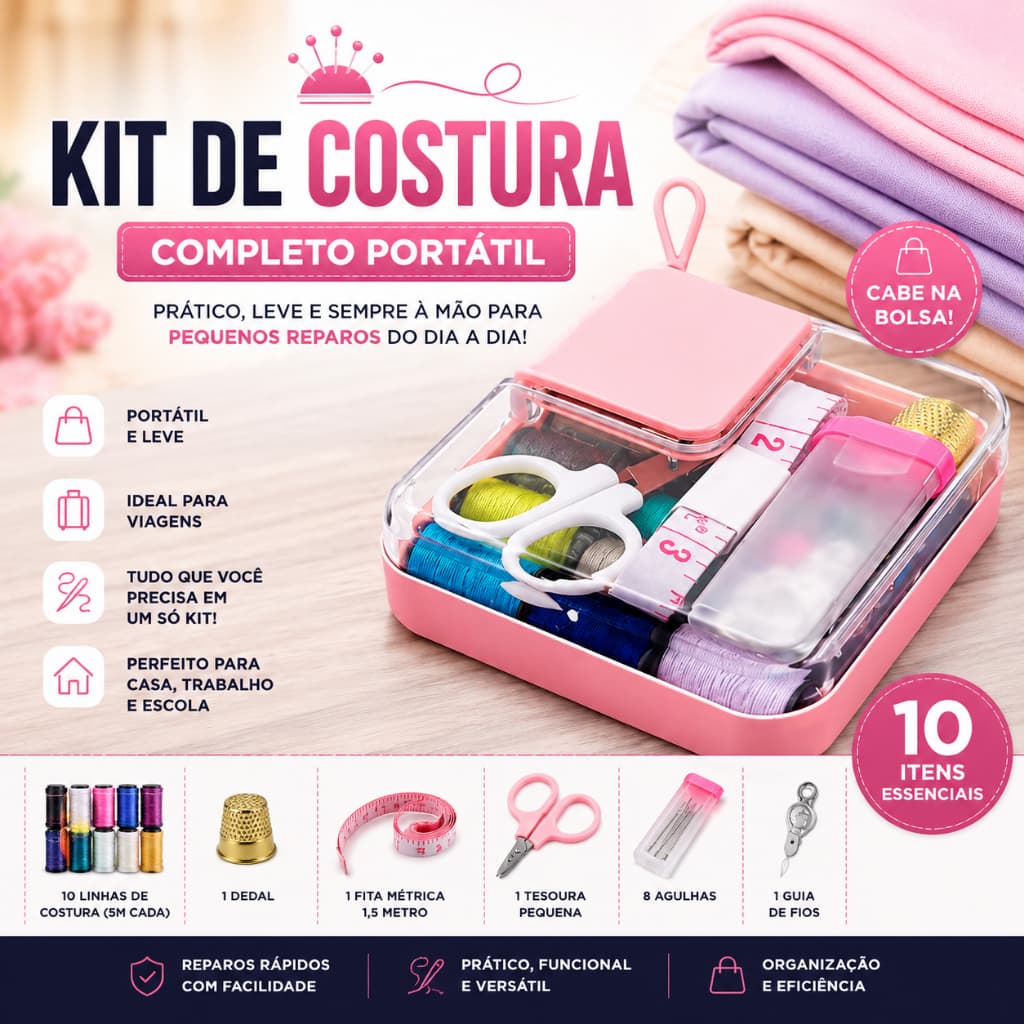 Kit Costura Completo Portátil Mini Caixa Costura Viagem Reparo Roupas Agulha Linha Tesoura Fita Métrica